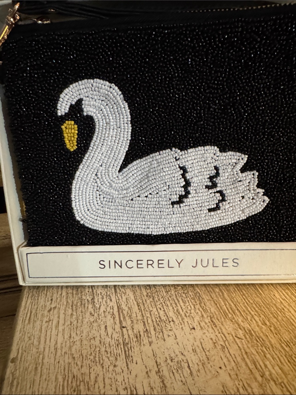 NWT Sincerely Jules Beaded Swan Clutch - Black & White with Yellow Accent